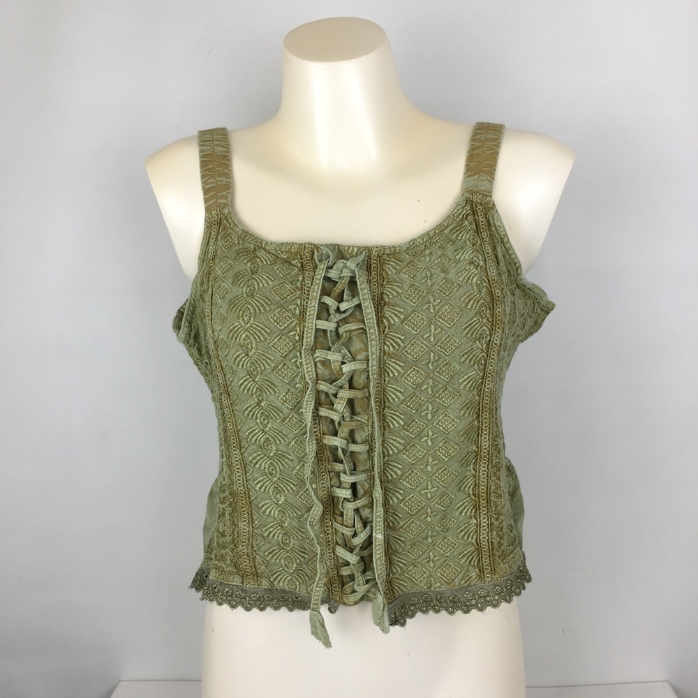 Vintage Green Embroidered Cropped Corset Renaissance Tank Top Forest Fairy